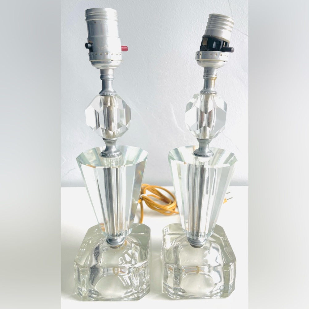 VINTAGE CRYSTAL TABLE LAMP BASE x2 solid beautiful NYC Flea Market Find!